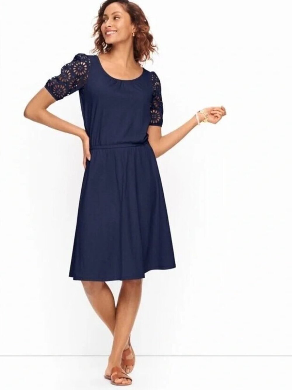 Talbots Petite SP Navy Eyelet Sleeve Fit & Flare Dress Elastic Waist Knit